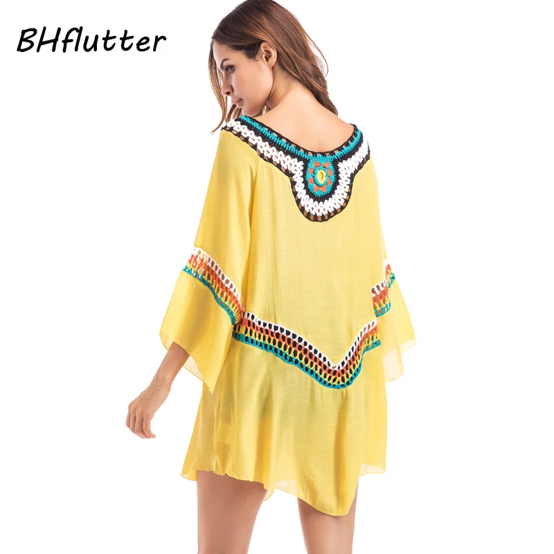 Bhflutter 2018 Новое богемное платье Для женщин Вышивка Boho Стиль мини пляжное из хлопка