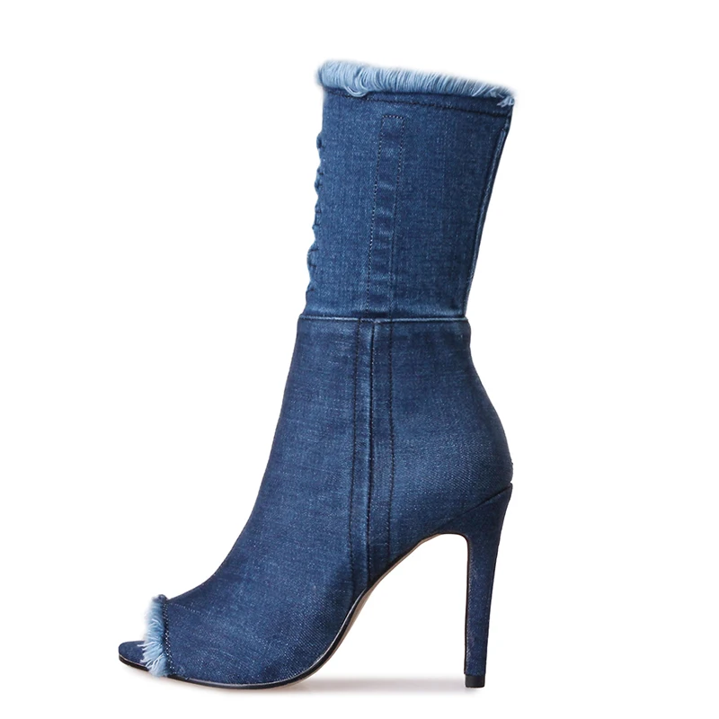 JK/новые женские ботинки на высоком каблуке из джинсовой ткани с открытым носком
