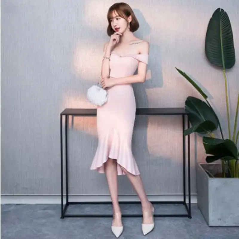 Sexy Lady Pink Off Shoulder Chinese Dress Elegant Fishtail Evening Party Gown Summer New Sleeveless Slim Vestidos De Festa | Тематическая