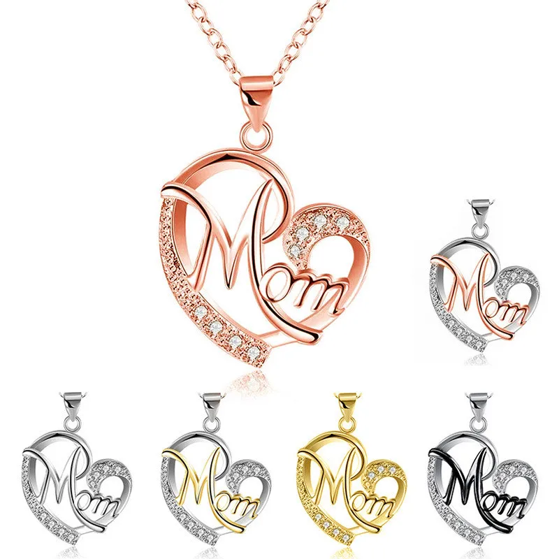 

Unique Design Necklace For Women Mother's Day Gift For MOM Hollow Out Gold Silver Alloy Metal Crystal Heart Pendant Necklace