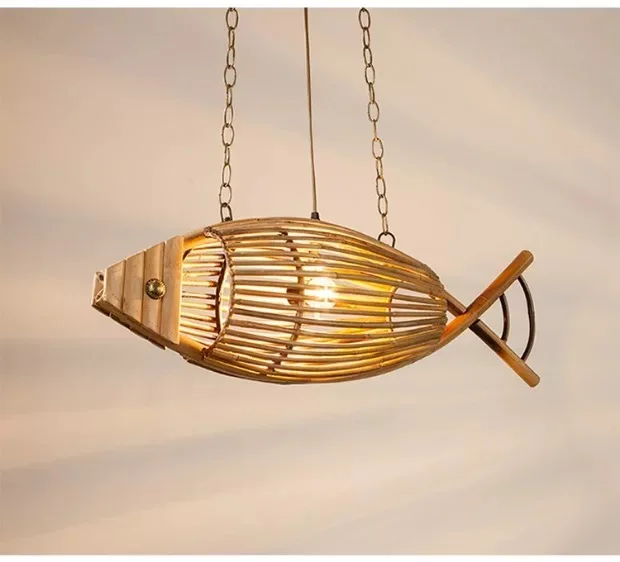 Бамбуковая креативная Подвесная лампа типа рыбы тканевая ресторанная