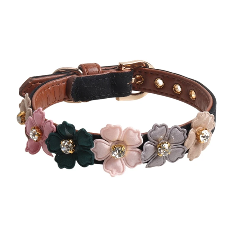 Черный Собака цветок воротник милые блестящие бриллианты кожа собаки ожерелья Pet Регулируемая ошейники для маленьких Средний собаки чихуахуа - Цвет: Черный