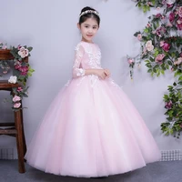 new fluffy tulle ball gown first communion dresses pink appliques flower girl dress for wedding kids long prom evening gowns