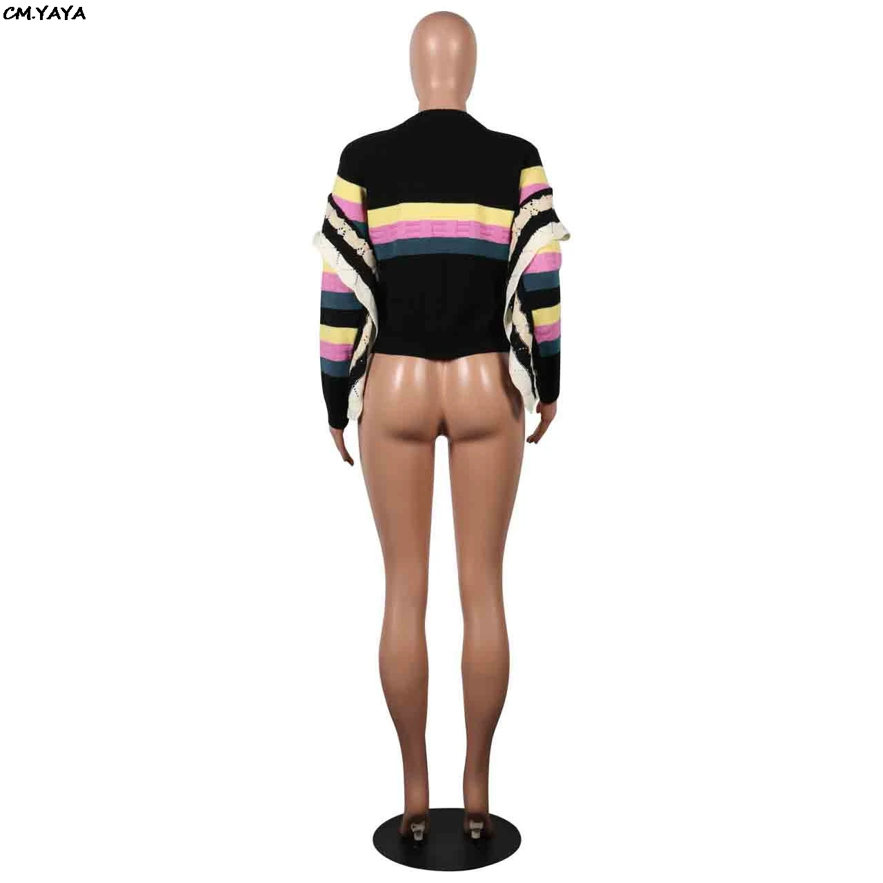 2019 women new summer knitted ruffles splicing long sleeve rainbow stripes patchwork vintage sweater tops GLM814 | Женская одежда