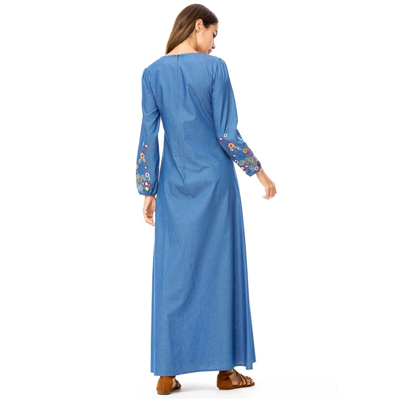 Vintage Fall Women Long Sleeve Jean Dress Muslim Dubai Abaya Corban Jalabiya Islamic Eid Denim Party Embroidery Robe longue |