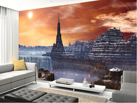Custom landscape wallpaper. Alien Fortress overlooking Waterfall for living room bedroom kitchen wall waterproof PVC wallpaper |