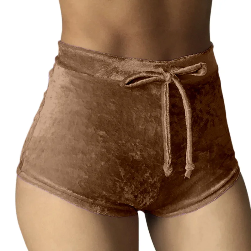 Brown Новинка, S-XL, женские шорты, вельветовые шорты с завязками размера плюс, повседневные, высокая талия, летние сексуальные шелковые обтягивающие шорты для женщин - Цвет: Brown
