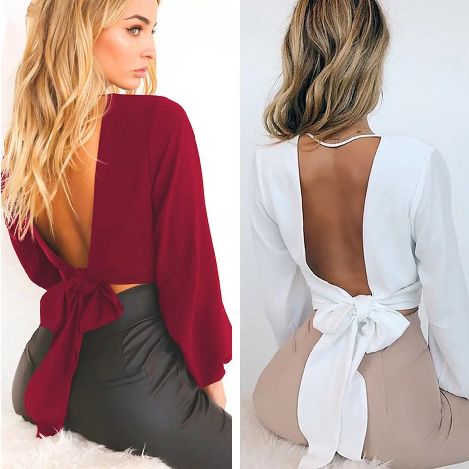 2018 Autumn Women Fashion Long Sleeve Backless Bow Short Blouse Fall Womens Tops and Blouses Ladies Sexy Club Party Shirts |
