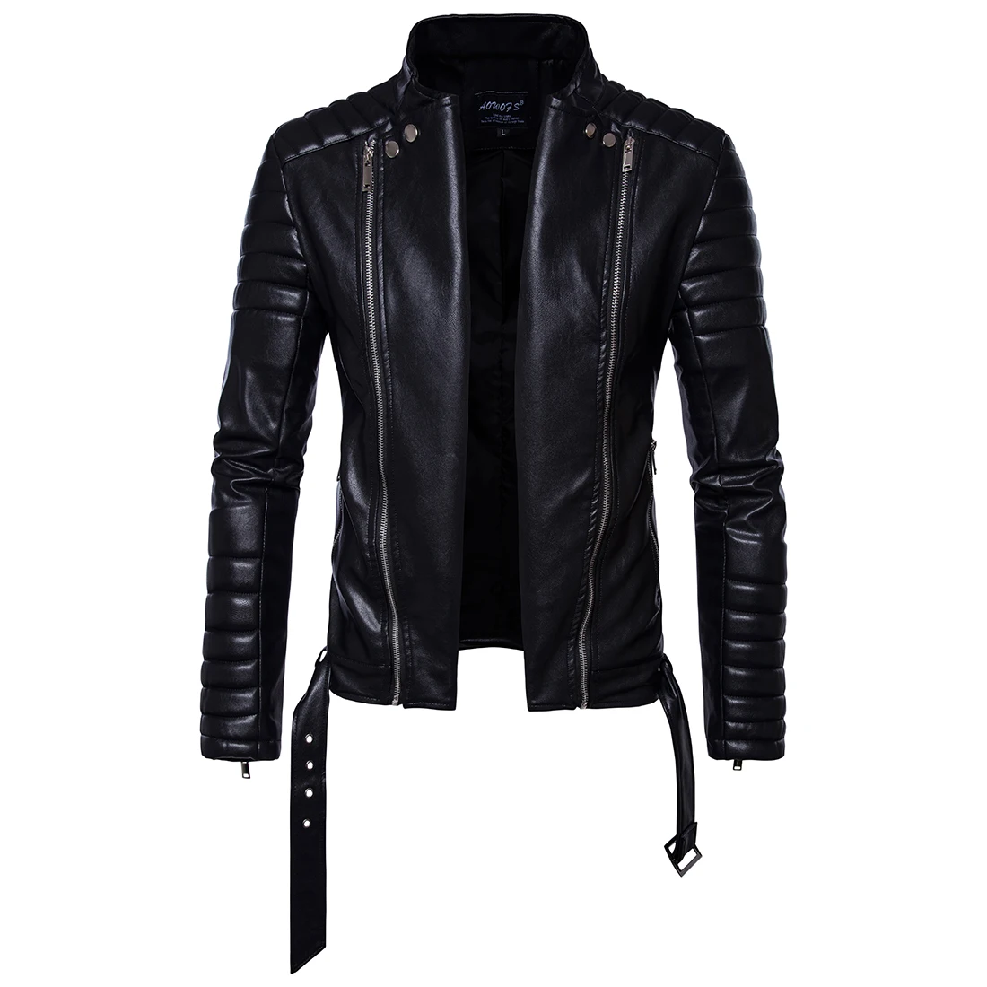 

Autumn new men's motorcycle leather belt drawstring coat casual leather jacket men's jacket fold sleeve double zipper placket