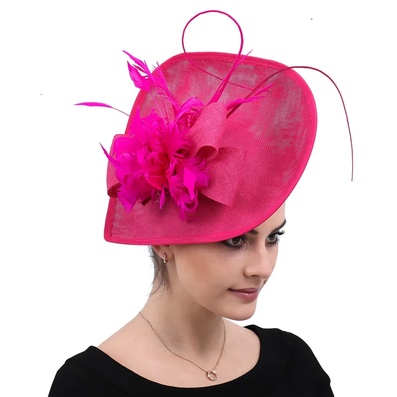 

Hot Pink Cocktail Party Wedding Hat Formal Dress Royal Fascinator Ladies Women Millinery Race Feather bridal Hair Accessories