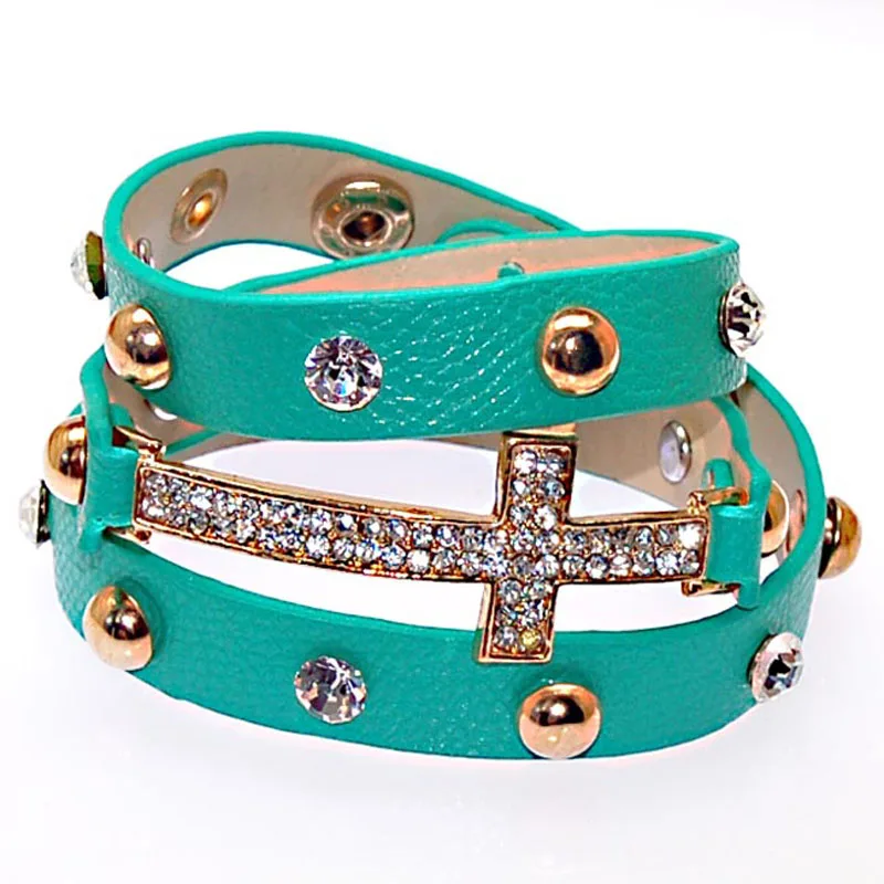 Женский кожаный браслет с двойной обмоткой фианитами|leather charm bracelet|charm braceletbracelet with