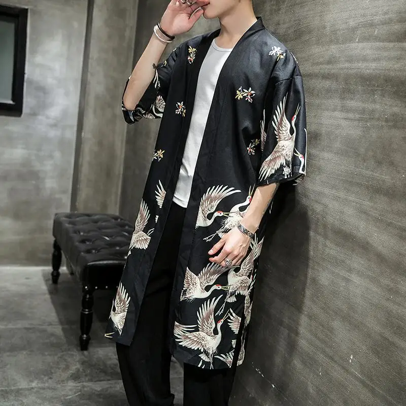 

M-5XL Mens Plus Size Short Sleeve Casual Shirts Kimono Japanese Streetwear Long Type Male Shirt Summer Cardigan XXXXXL Black