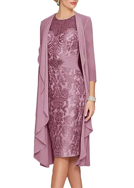 3 Vestido para boda, короткие платья до колена с рукавами-крылышками, кружевами и шифоном, украшенные бисером, с жакетом, платья для матери невесты - Цвет: 3