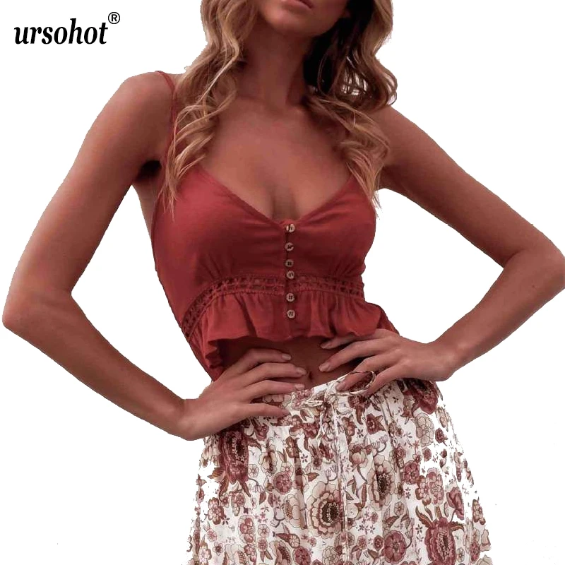 Ursohot/летние однотонные женские майки на пуговицах Boho сексуальные кружевные топы