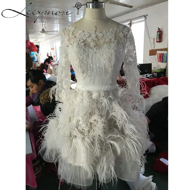 Фабрика роскошные Перья короткие свадебные платья 2017 кружево Аппликация aequine