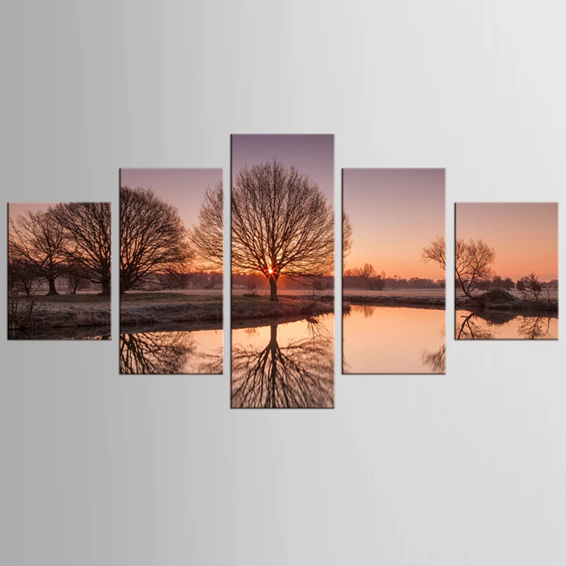 5 panel printing tree art sunset landscape picture big canvas painting bedroom living room home wall decoration | Дом и сад