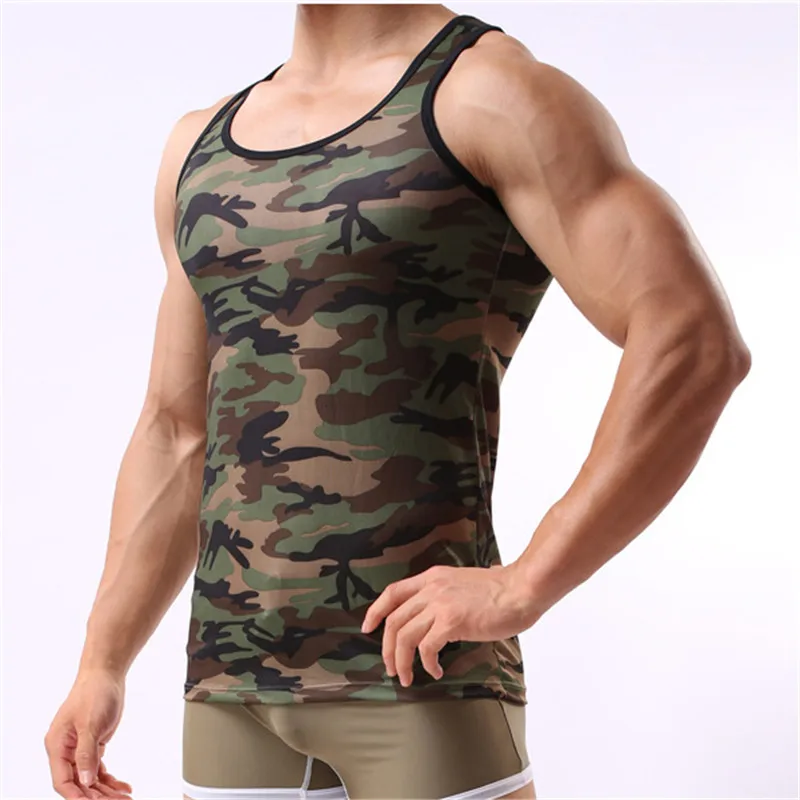 Men's Undershirt Mesh Breathable Underwear Sleevless Undershirt Summer O Neck Shirts Spandex Bodybuilding Camouflage Undershirts