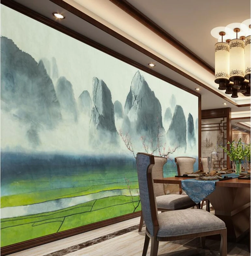 Interior Wallpaper Ink Paddy Field Foggy Mountain for Living Room Wall Dining Art Decoration Home Decor | Обустройство дома