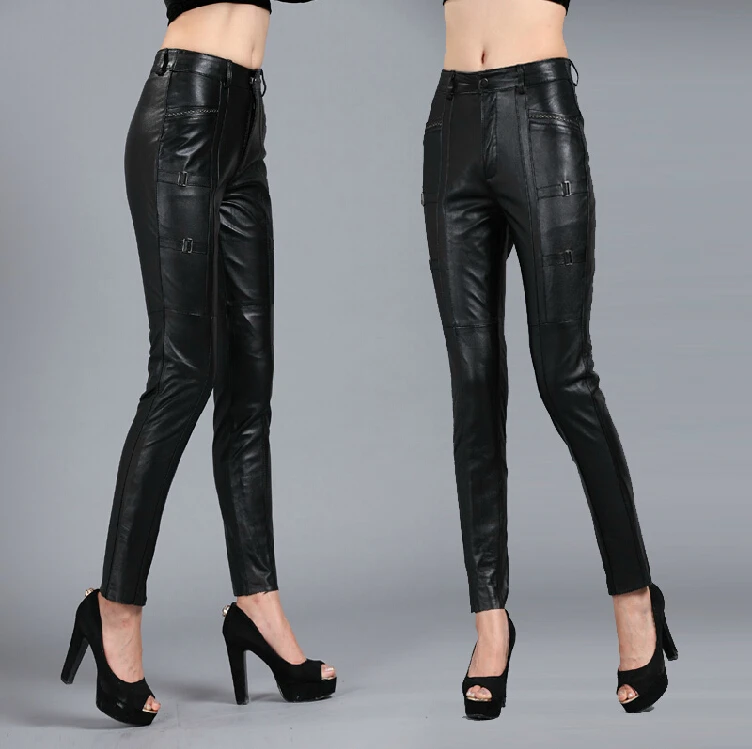 New Slim Pencil Pants Genuine Leather Sheepskin Pants Stitching Leather Pants Women's Fashion Trousers Casual Leather Pants