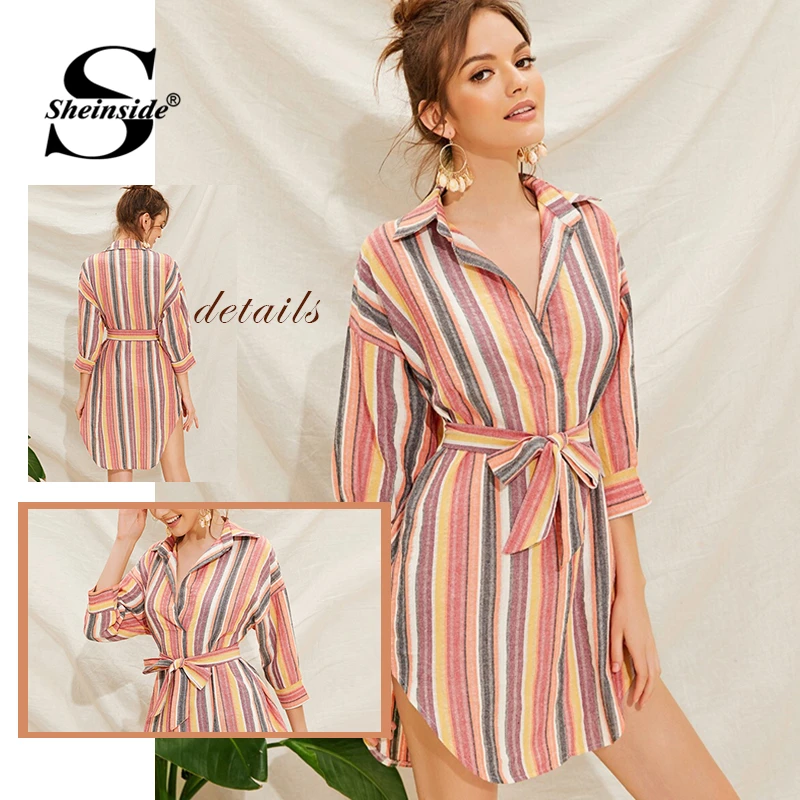 Sheinside Casual Colorful Stripe Print Shirt Dress Women Summer 3/4 Sleeve Straight Dresses Ladies Mini Dress