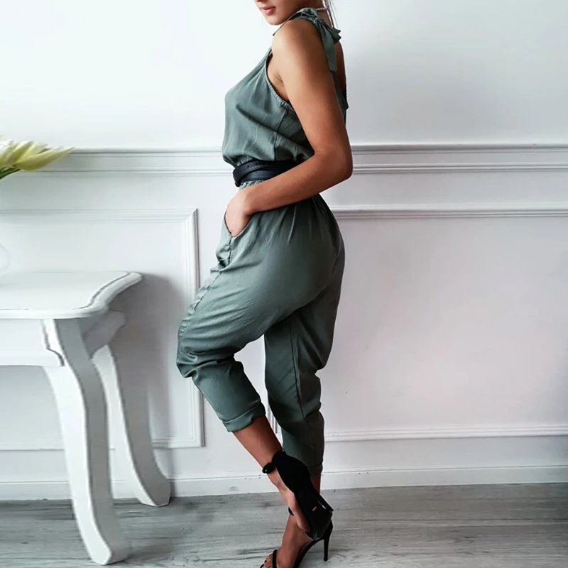 

Solid color long jumpsuit for women 2019 Sleeveless casual rompers womens jumpsuit Summer elastic waist overalls femme bodysuit