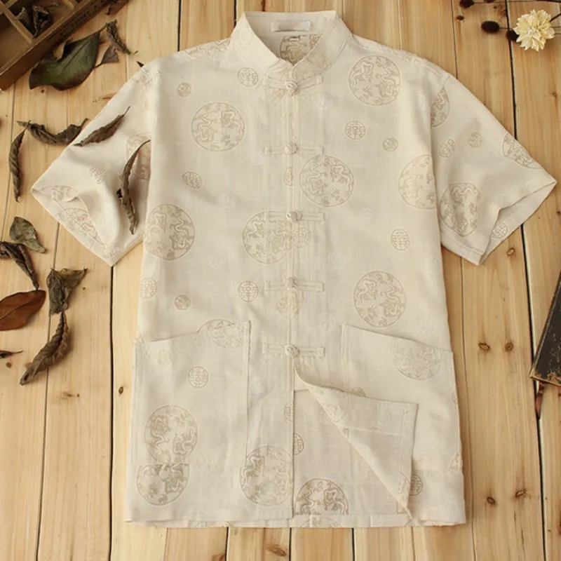 

Chinese Style Wing Chun Kung Fu Clothes For Men Short Sleeve Tai Chi Wu Shu Top Male Print Dragon Breathable Roupas Cotton Linen