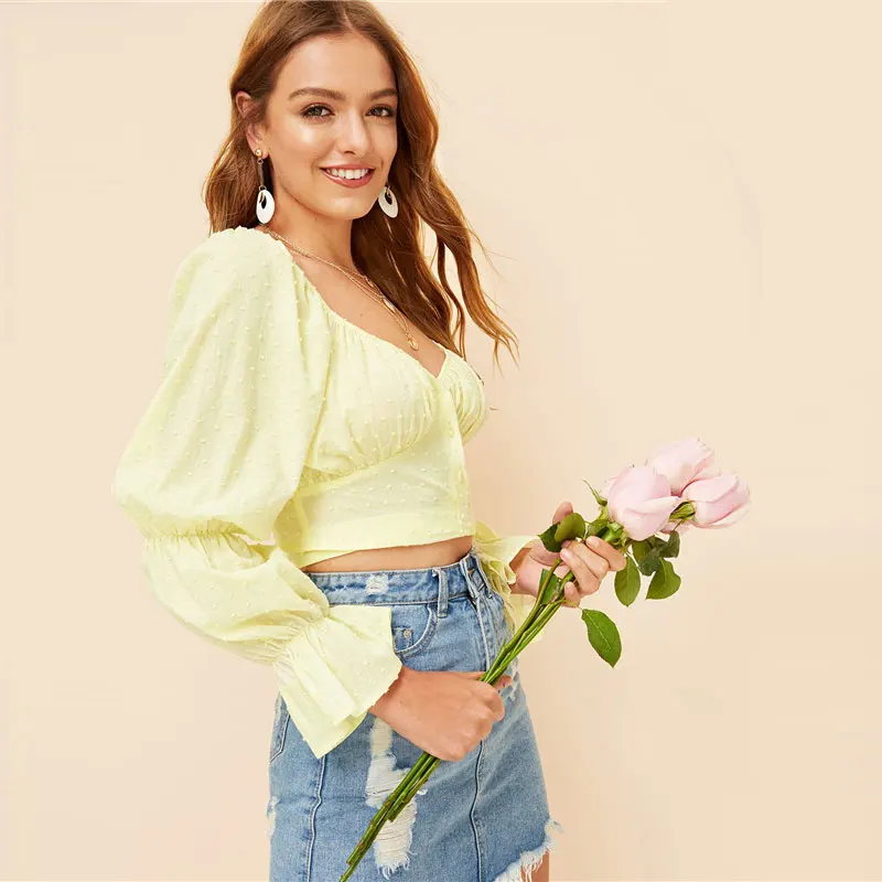 SHEIN Укороченный Топ С Открытой Спиной И Глубоким Вырезом, Блузка С Оригинальными Рукавами