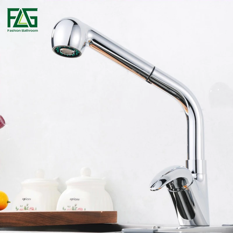 

FLG Kitchen Faucet Sink Mixer Tap Chrome Finish 2-Function Water Outlet Single Handle Pull Out Kitchen Tap 669-33C