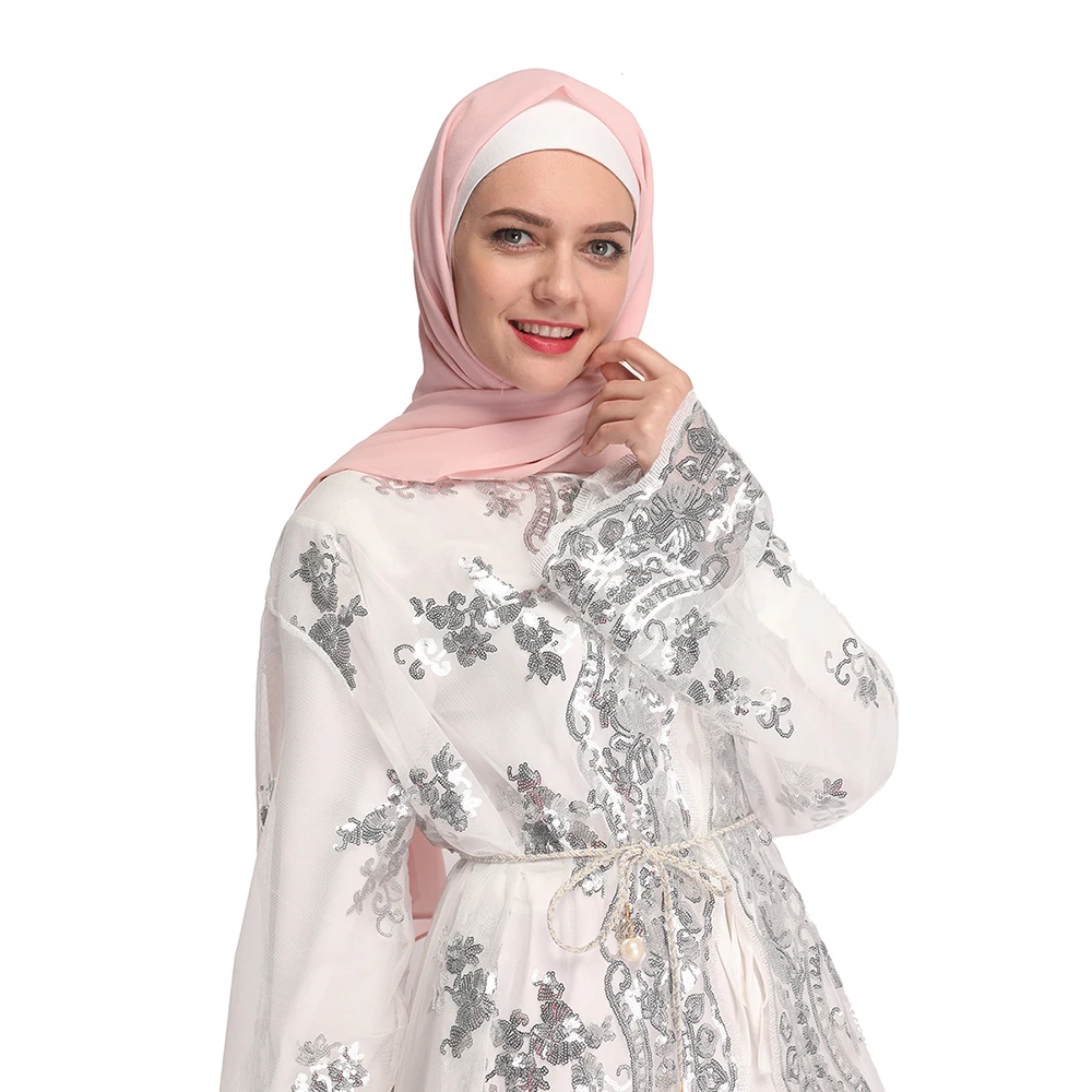 

New Muslim Lady Dress Middle East Muslim Women Temperament Sequin Lace Cardigan Robe Dress Fashion Turkish Lslamic Robes Dress