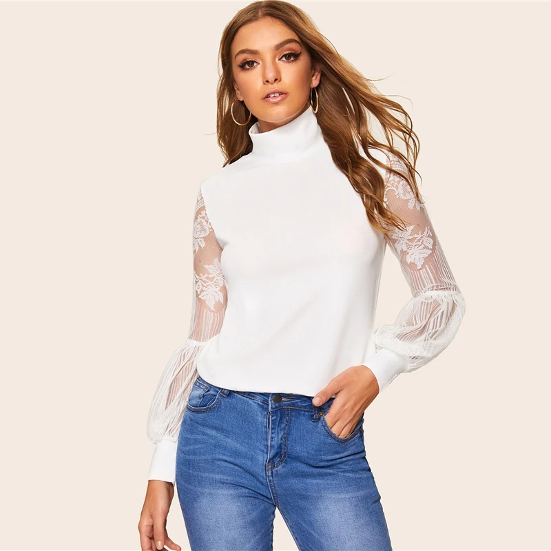 SHEIN Белая Кружевная блуза с высоким горлом и воздушными Шарами на рукавах, сетчатая блузка, Женская Весенняя офисная элегантная блуза, однотонная женская рабочая одежда, блузки