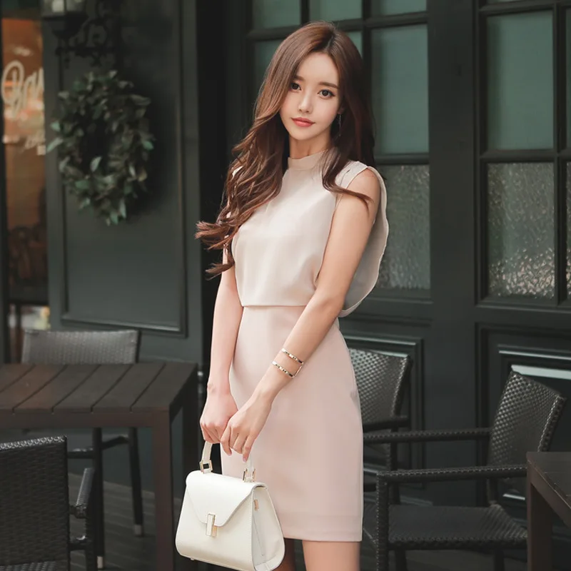 Женское шифоновое платье карандаш без рукавов с круглым вырезом элегантное