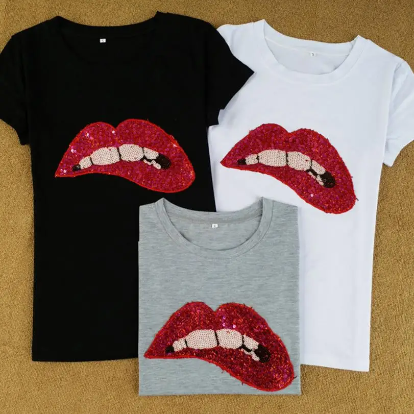 Женская футболка с короткими рукавами круглым вырезом и блестками|camisetas mujer|sequin