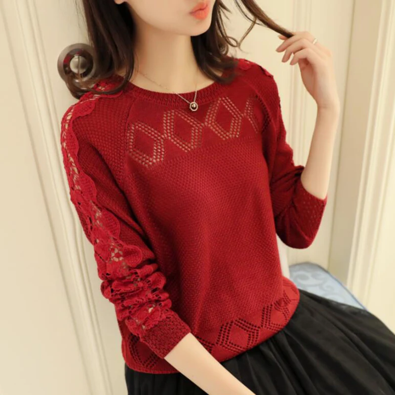Women long-sleeve thin sweater openwork 2018 spring and summer female knitted tops teenager girl fashion Korean style pullover | Женская