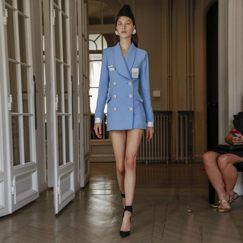 YD-EVER Autumn Women Long Sleeve Double Breasted Diamonds Button Brooch Beading Blazer Jacket Suit Runway Lapel Black Blaz | Женская