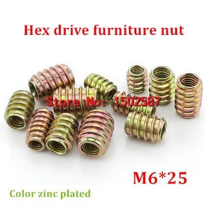 100pcs/lot M6*25 Color Zinc Coated Pass-Through Furniture Nut  Internal External Thread Screw For Wood Insert Nut