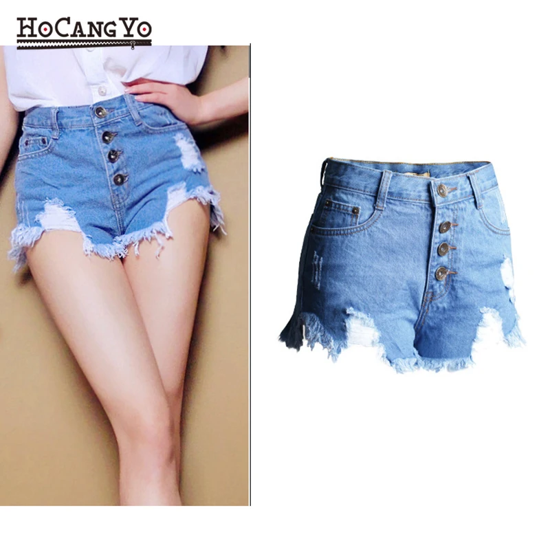 Летние женские джинсовые шорты большого размера рваные с дырками повседневные
