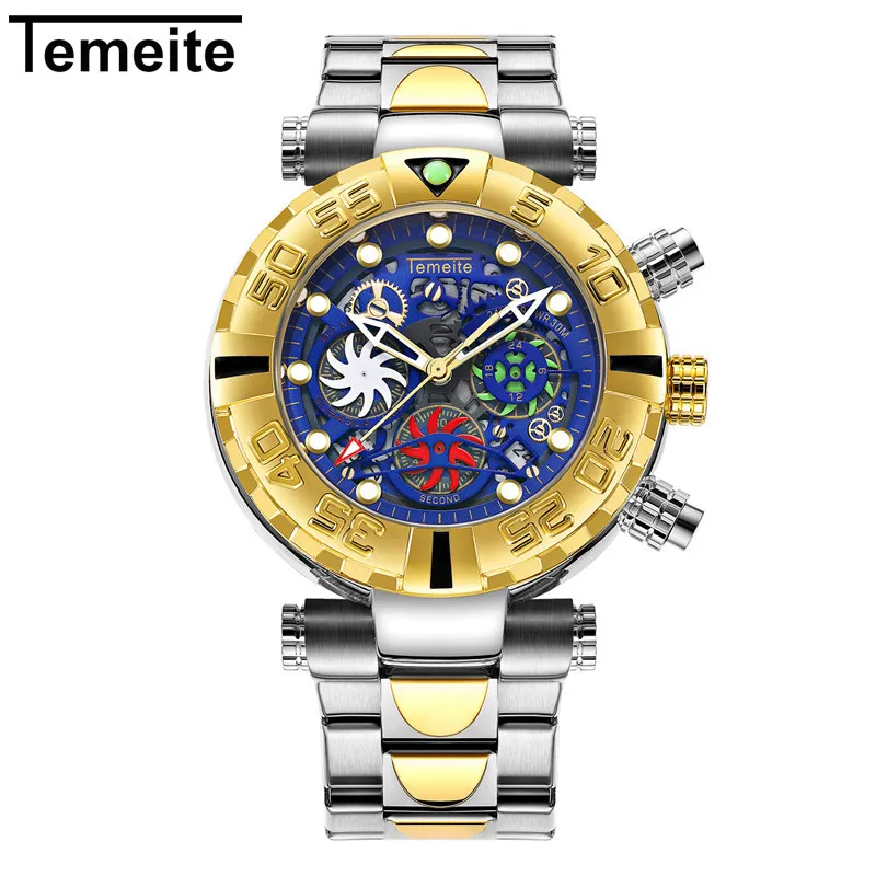 Temeite 11 Temeite часы мужские деловые повседневные золотые креативные полые Кварцевые часы водонепроницаемые военные наручные часы Мужские часы с хронографом - Цвет: Temeite 11