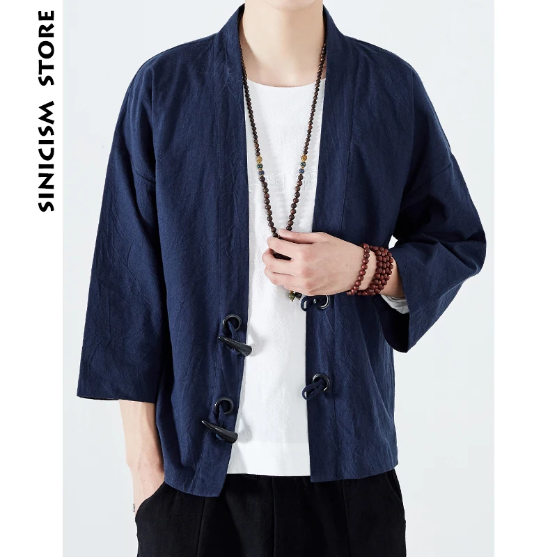 Sinicism Store мужские хлопковые льняные рубашки, японское кимоно с роговой пряжкой, мужской китайский традиционный костюм, открытая Корейская рубашка