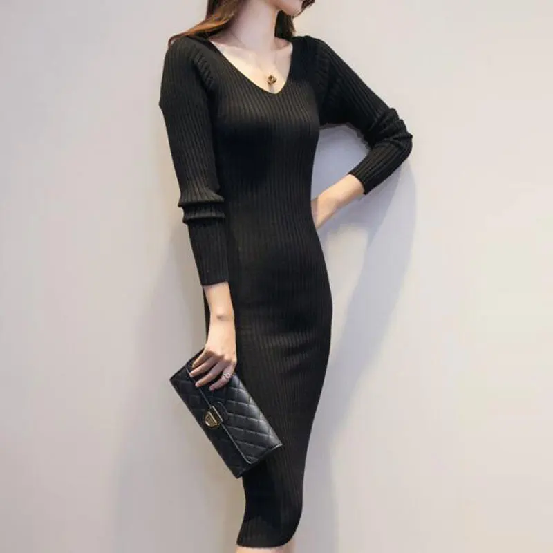 Длинный свитер платья для женщин 2017 Осень Зима бренд плюс размер оболочка v