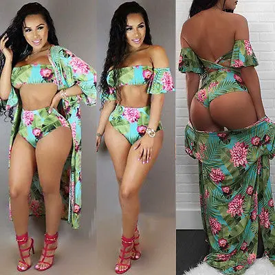 3 шт. Женский комплект бикини с принтом и открытыми плечами высокой талией +
