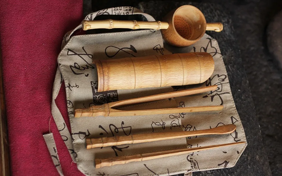 Natural Bamboo 5 Pcs Puer Tea Tools Accessories Teaware Set Include Needle Spoon Clip Tea Strainer Infurse Vintage Handmade