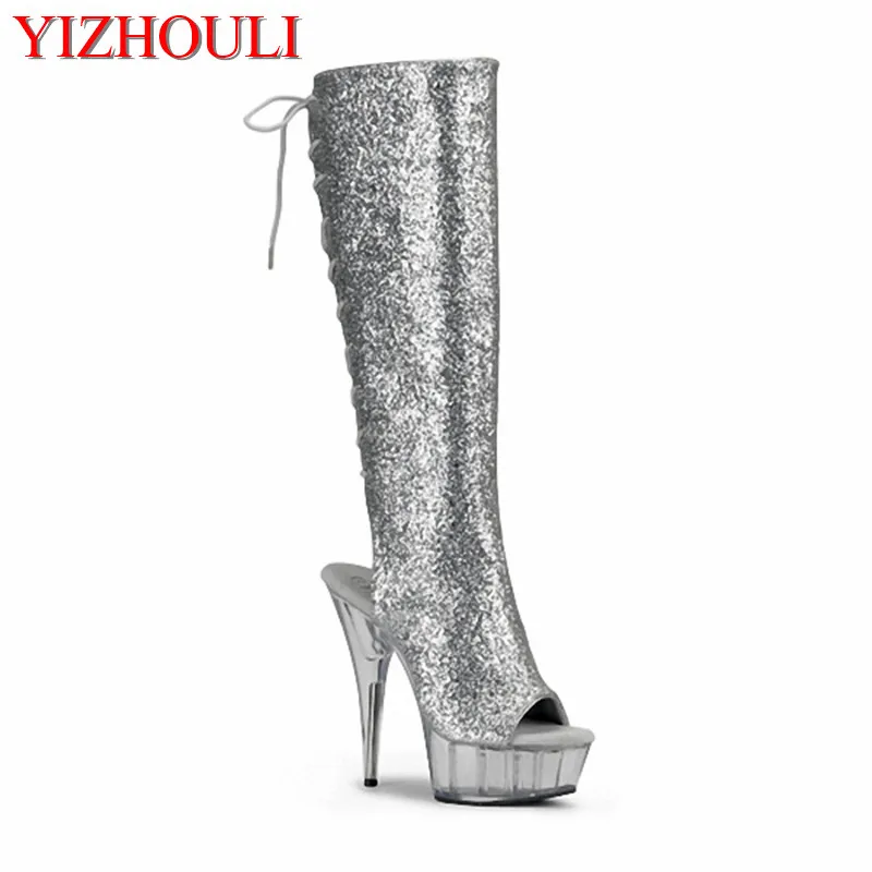 Sexy sequined high-heeled shoes, 15CM high-heeled stage shoes, spring and Autumn banquet runway boots, models, dancing shoes