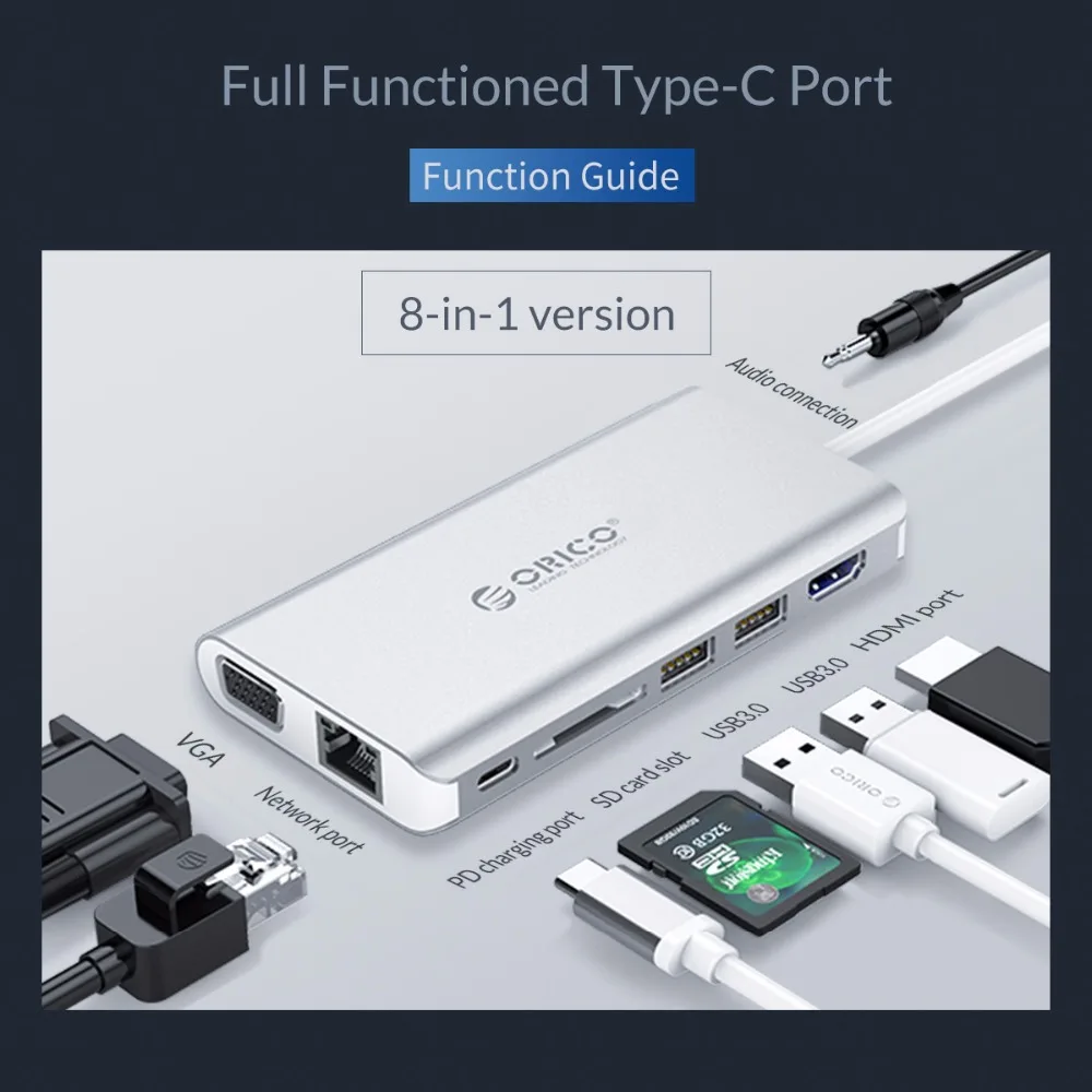 ORICO 8 в 1 usb-хаб USB-C HDMI RJ45 концентратор для MacBook samsung Galaxy S9 Note 9 huawei P20 Pro type C USB 3,0 концентратор