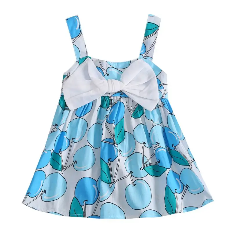 Летнее милое платье без рукавов с бантом и фруктовым узором для маленьких