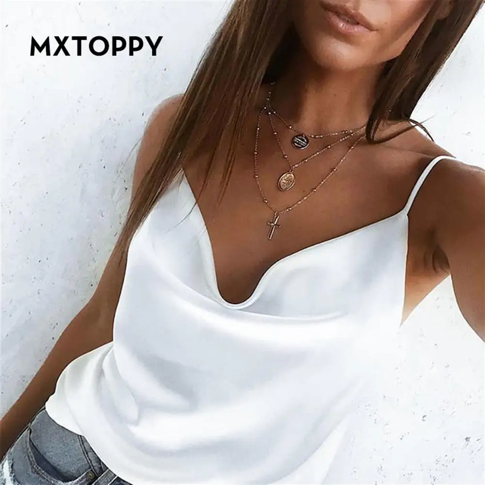 Mxtoppy Атласный Женский Топ 2019 летние майки жилет ремень без рукавов Твердые