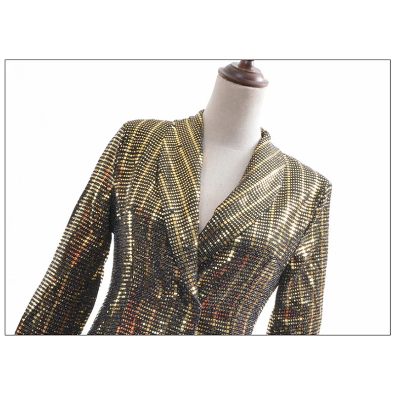 High Street Новая мода 2018 Дизайнер Блейзер Для женщин с длинным рукавом золото Bling