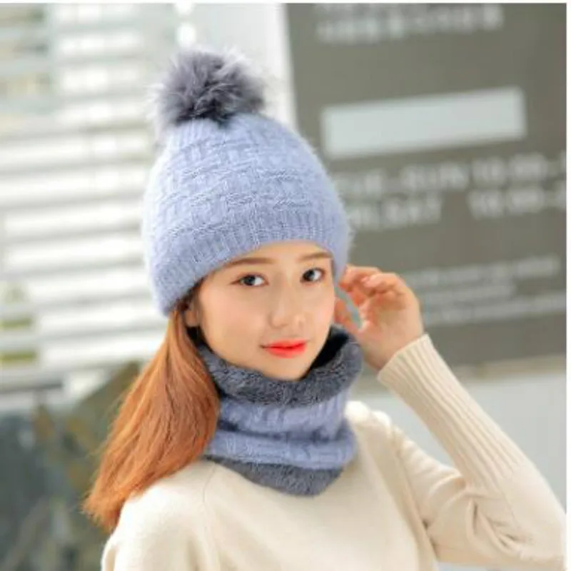 Теплая зимняя женская шапка шарф маска skullies beanie искусственный мех помпон шерсть