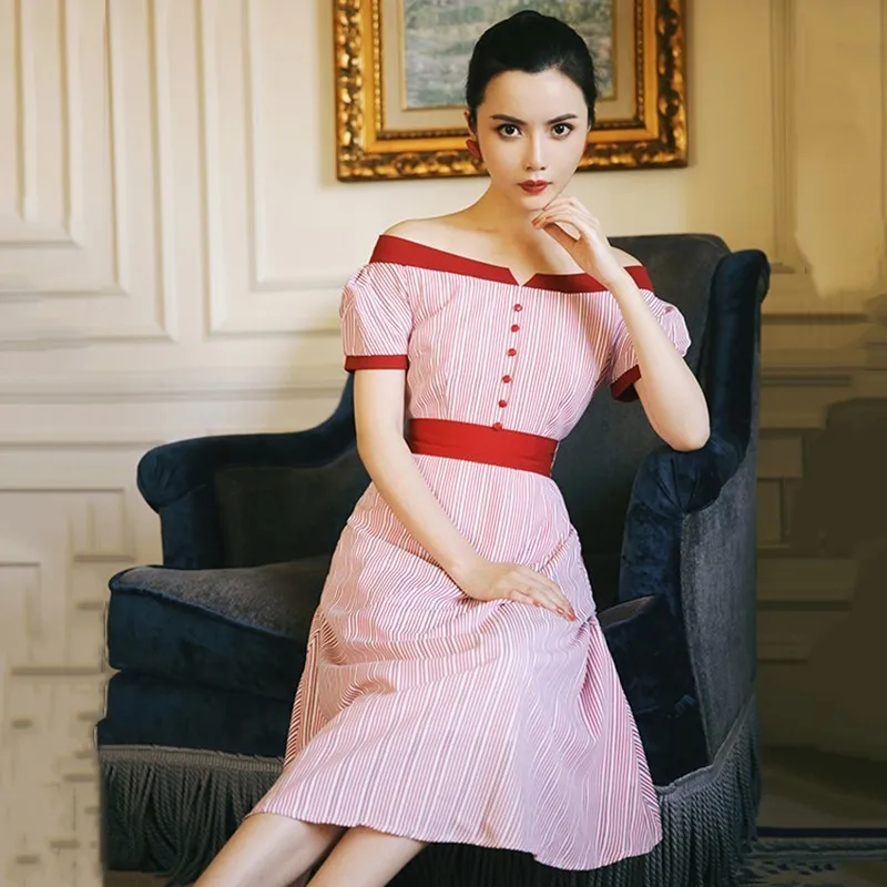 TWOTWINSTYLE Striped Women's Dress Slash Neck Puff Sleeve Tunic High Waist A-Line Midi Dresses Female Summer Vintage Clothes New | Женская