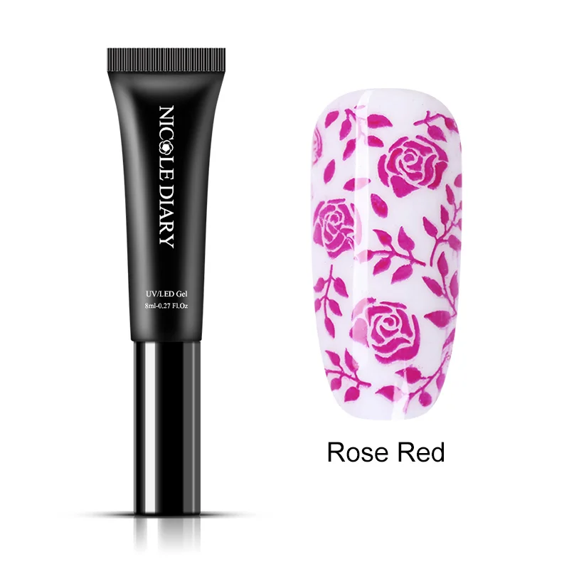 Rose Red NICOLE DIARY, 8 мл, Гель-лак для ногтей, черный, белый, серебряный блеск, замачивается, УФ-Гель-лак для ногтей DIY, штамп для дизайна ногтей - Цвет: Rose Red