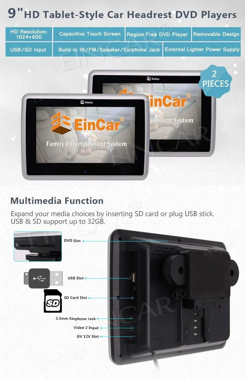 Двойной автомобильный монитор подголовник стол Подушка DVD CD плеер HD 1080 P Mulit